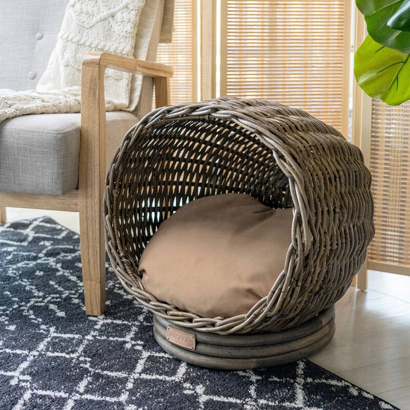Socket Dome 19.5" x 17" Bohemian Handwoven Rattan Cat Bed with Machine-Washable Cushion, Kubu Gray