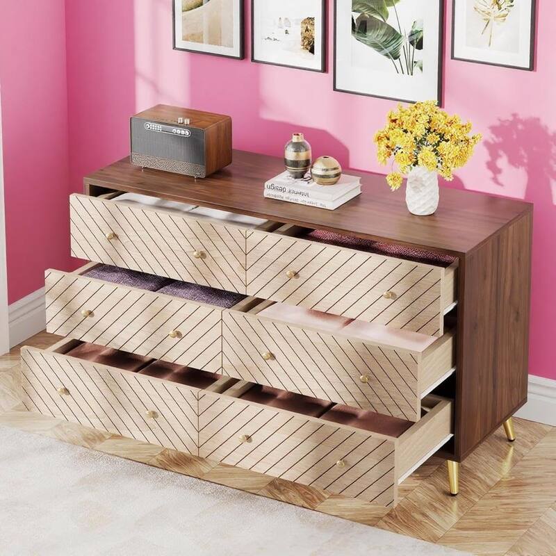 6 Drawer Storage Cabinet with Metal Legs Brown Wooden Dresser for Bedroom Living Room Hallway - Brown
