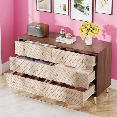 6 Drawer Storage Cabinet with Metal Legs Brown Wooden Dresser for Bedroom Living Room Hallway