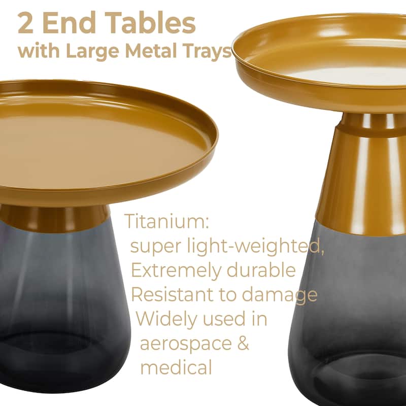 Gold Titanium Coffee Table Set of Two with Glass Base Modern Accent - 24x17 19x20