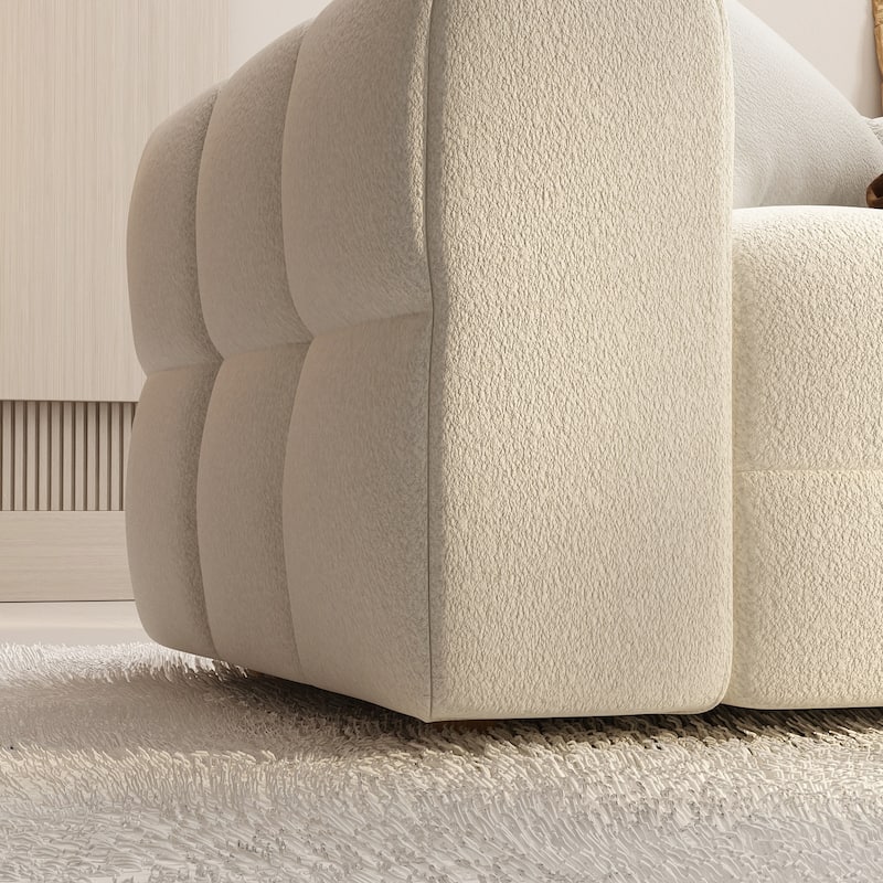 100.8"W Wooden Frame Teddy Velvet Sofa in White Couch 4 Person