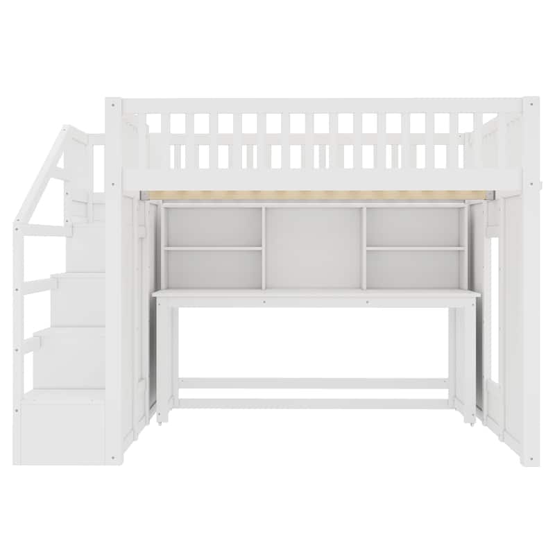 Children's Bedroom Solid Wood Loft Bed with Movable Desk, Storage Stairs, Shelves, Safety Guardrails and Optional Full or Twin