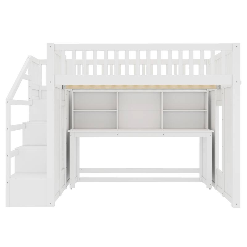 Espresso Loft Bed with Desk Bookshelf Storage Stairs Wood Loft Bed Frame