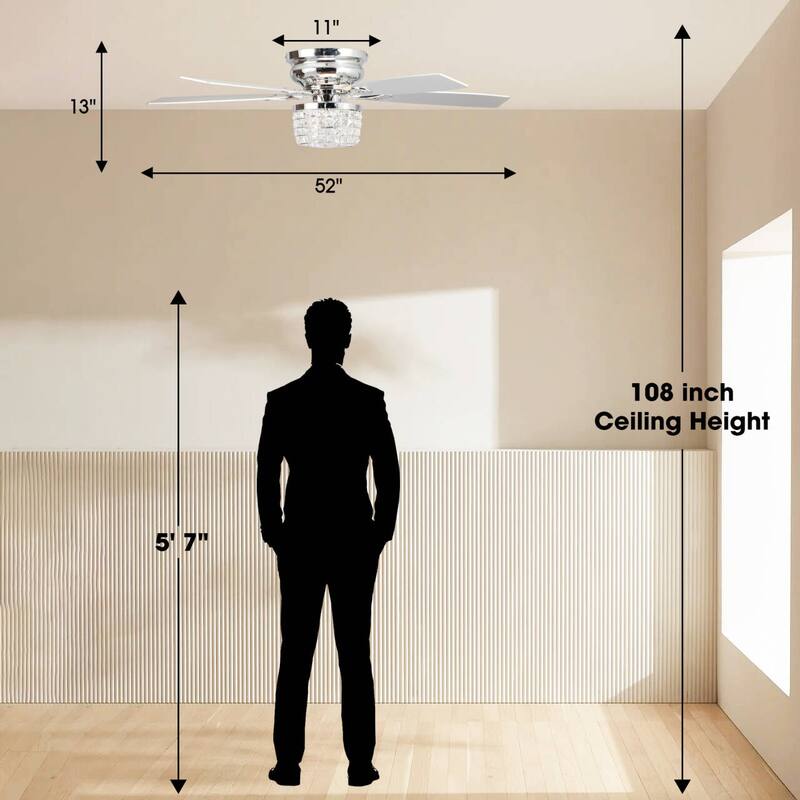 52" Chrome Crystal Flush Mount Ceiling Fan with Light Kit and Remote