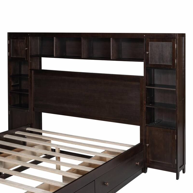 Wooden Bed with Built-in Cabinet, Shelf, and Sockets