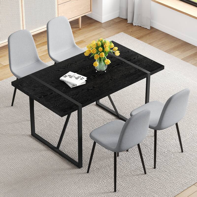 5-Piece Retro Rectangular Dining Table Set, 55-Inch Textured Top Table & 4 High-Resilience Fabric Chairs