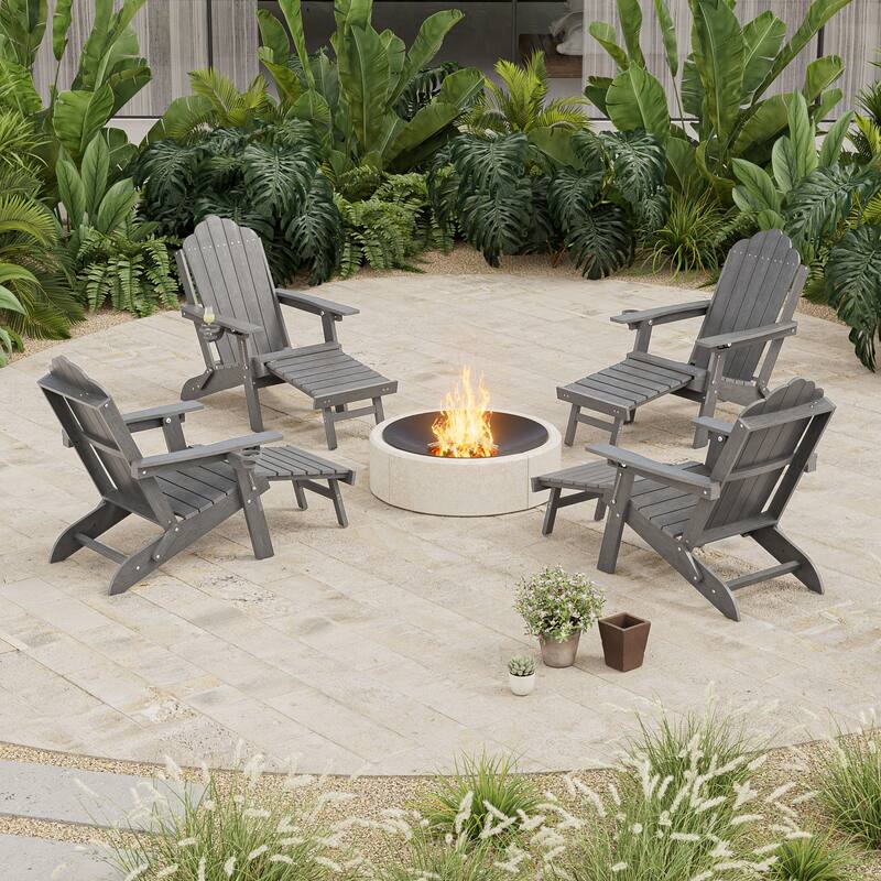 3-Position Adjustable Folding Adirondack Chair W/ Ottoman for Outdoor - Gray - 4-Piece