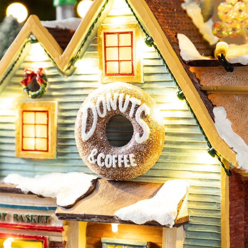 Glitzhome 10.25"H Lighted Christmas Donuts & Coffee Shop Resin Village with Movement and Music