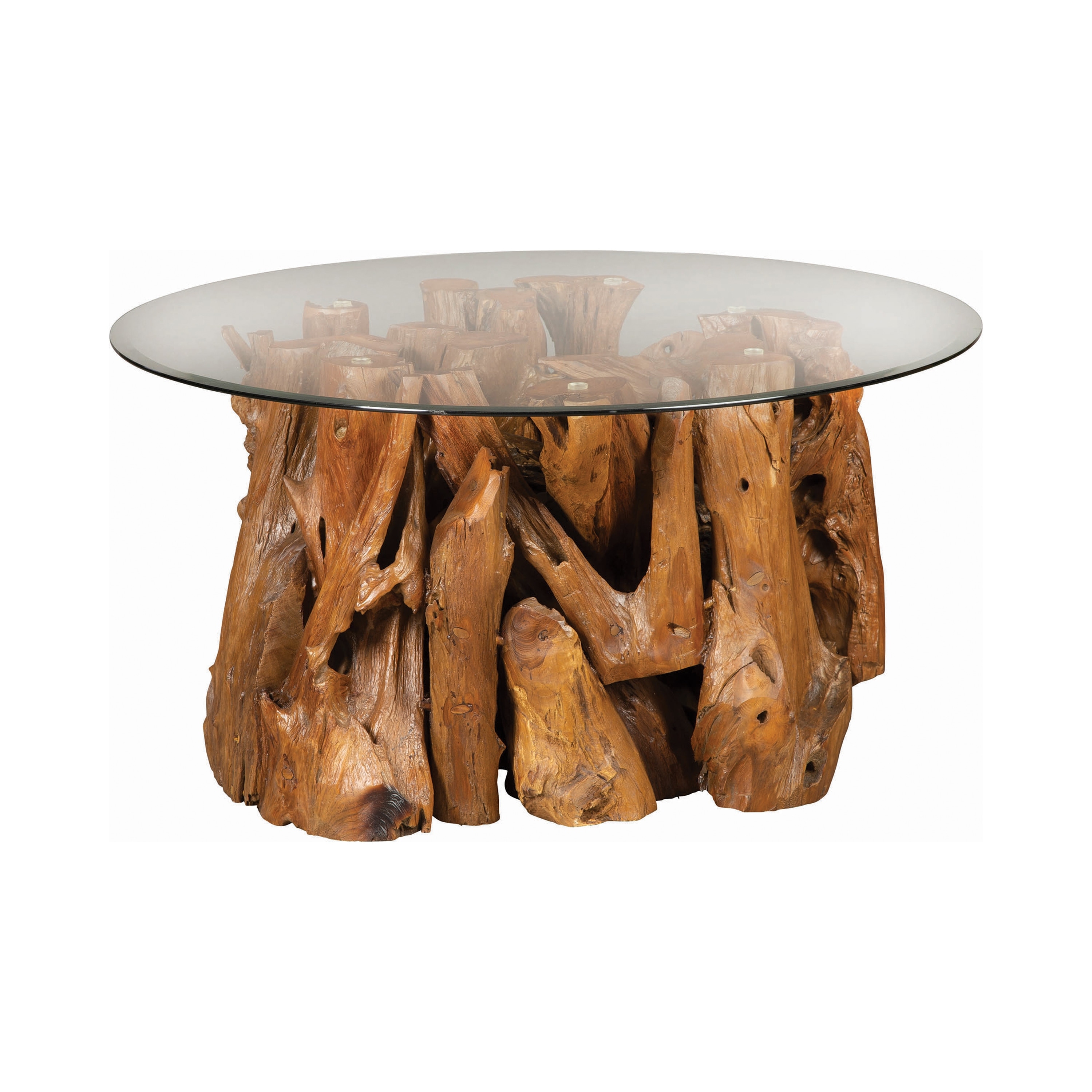 Round Glass Top Coffee Table With Tree Bark Design Base Brown Overstock 31959683