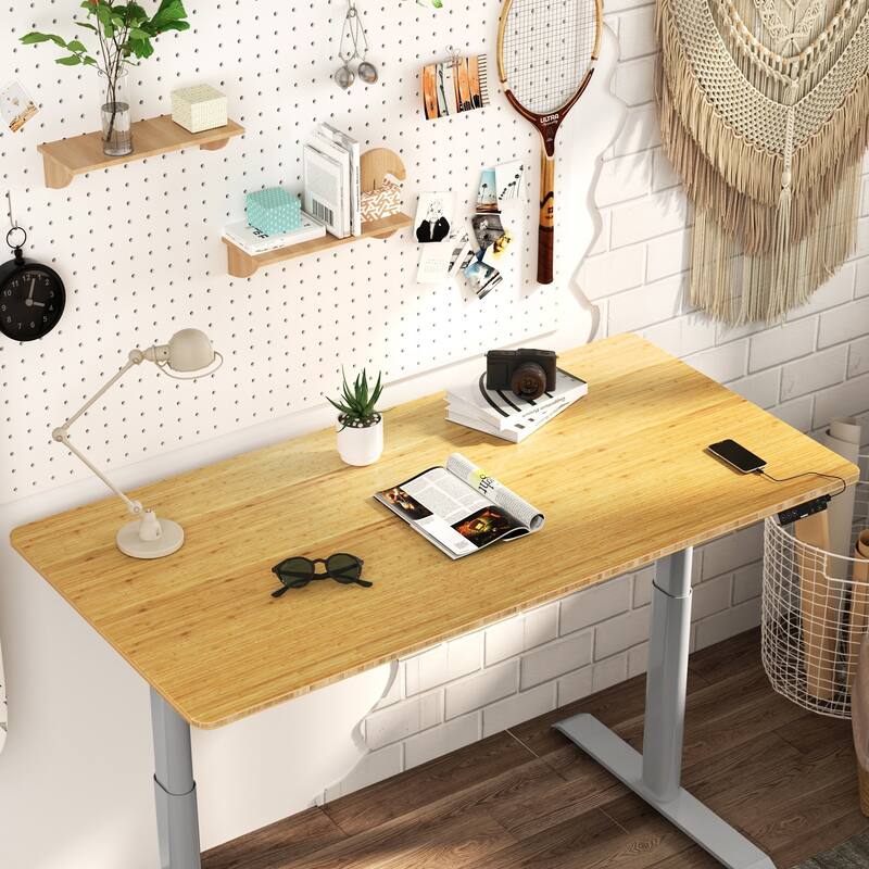 FLEXISPOT Home Office Height Adjustable Standing Desk 3-Stage Dual Motor Bamboo Rectangle Desktop