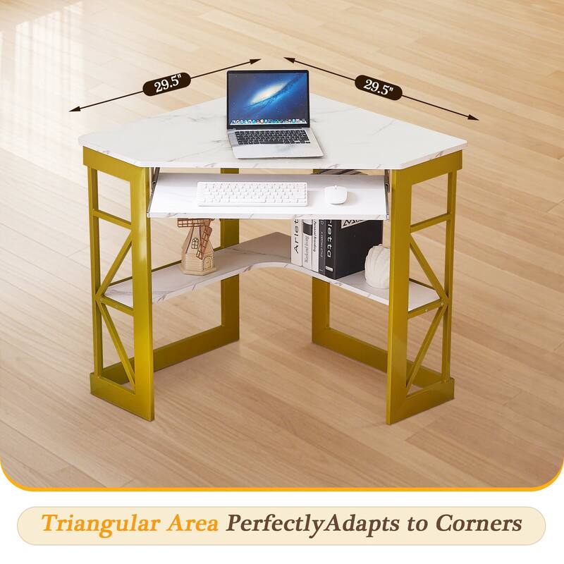 VECELO Triangular Corner Desk with Keyboard Tray Space Saving Metal Computer Desk for Home Office Study Bedroom