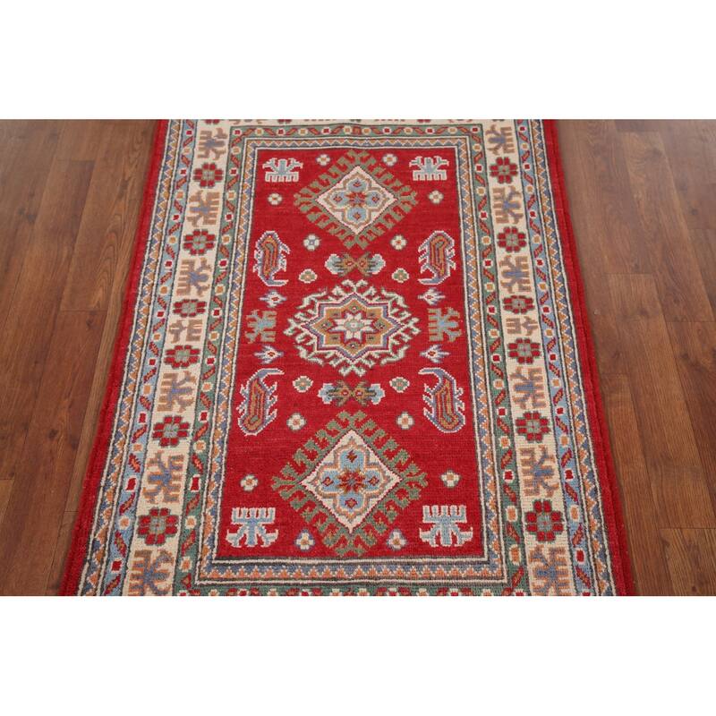 Geometric Red Kazak Oriental Accent Rug Hand-Knotted Wool Carpet - 2'8" x 4'1"