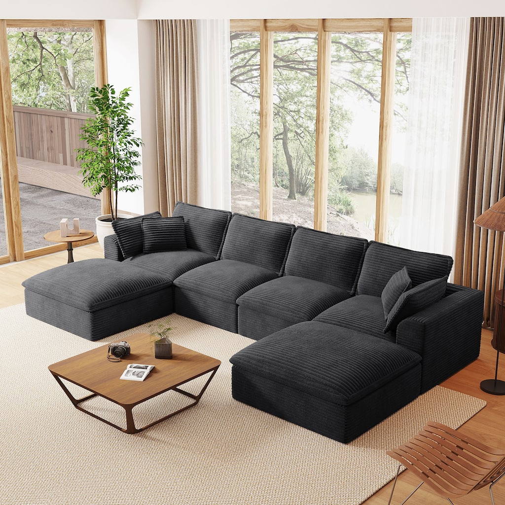 142" U-Shaped Modular Sectional Sofa - Extra Wide Cloud Cushions, No Assembly Required, Striped Chenille