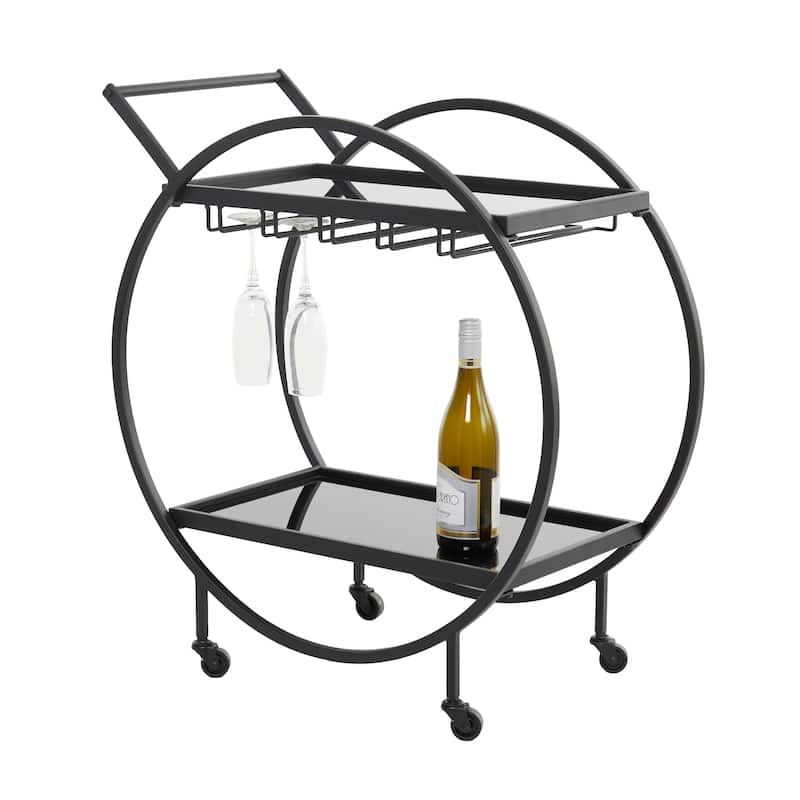 Metal Rolling 2 Mirrored Shelves Bar Cart with Wine Glass Storage and Handle - Rose Gold, Silver or Black - Roche River Decor - Black