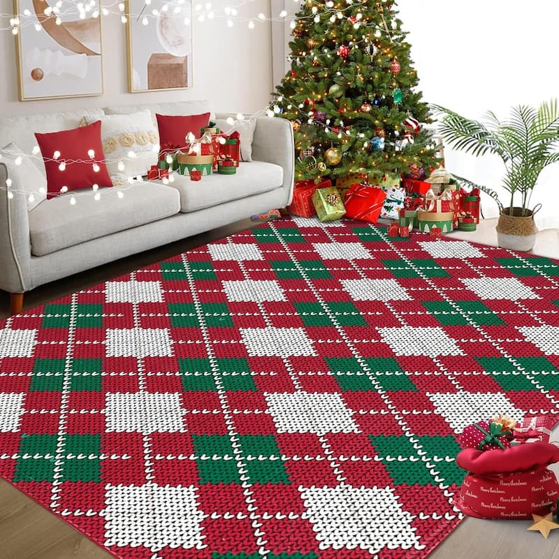 Christmas Holiday Plaid Throw Area Rugs, Non Slip Machine Washable, Green+Red - 5*7ft