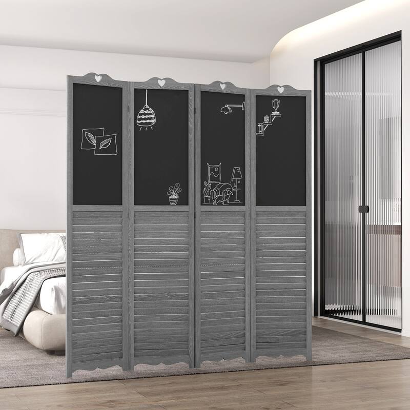 HOMCOM 4-Panel Folding Room Divider with Blackboard, 5.5 Ft Tall Freestanding Privacy Screen Panels for Bedroom or Office, Gray