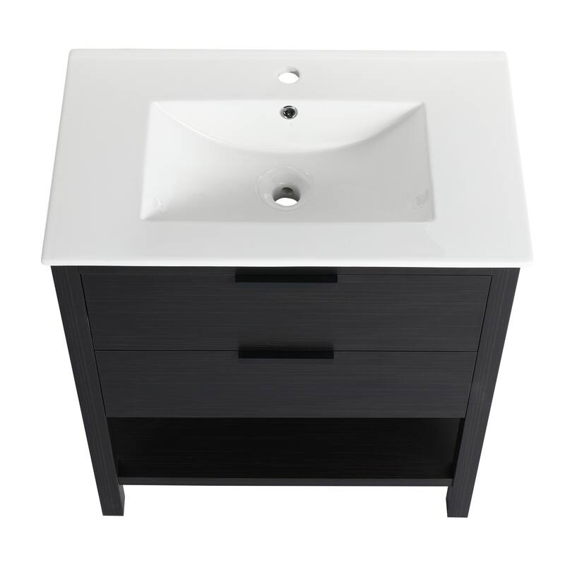 30" Bathroom Vanity with Ceramic Sink, Freestanding, Soft Closing Drawers, 4 Wood Feet, Durable and Water-Resistant