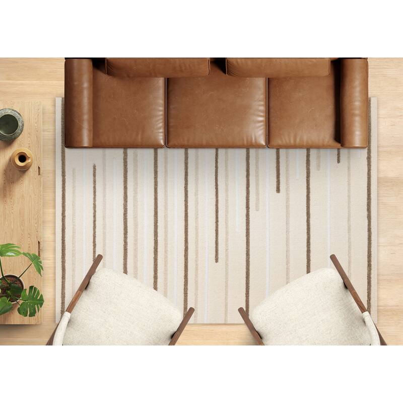 Sutton Collection - Plush Polyester Staggered Lines Area Rug in Cream Brown