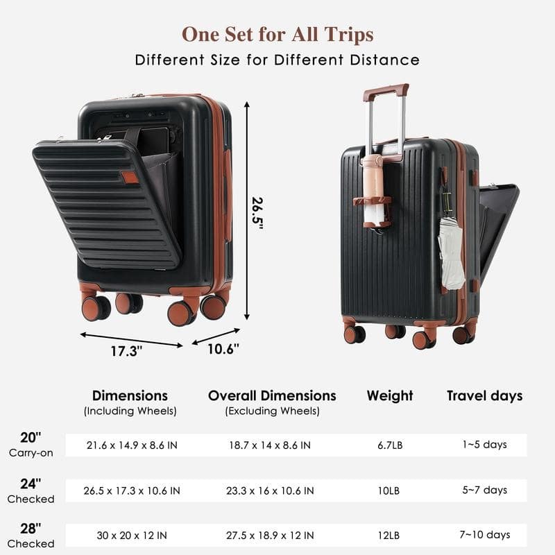 Front Opening 20-Inch Carry-On Luggage with Expandable Travel Bag Set