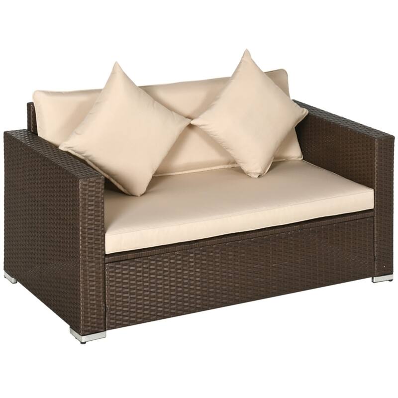 Brown Rattan Outdoor Loveseat Sofa for 2 Seaters with Cushions and Throw Pillows - 1 Piece
