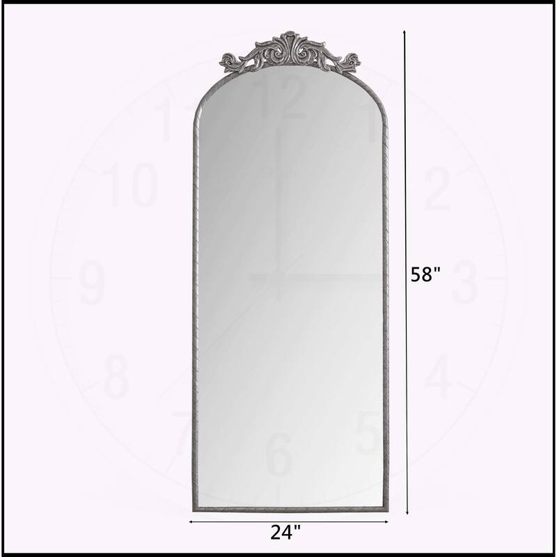 58"x24" Arched Mirror with Vintage Ornate Carved Applique on Top