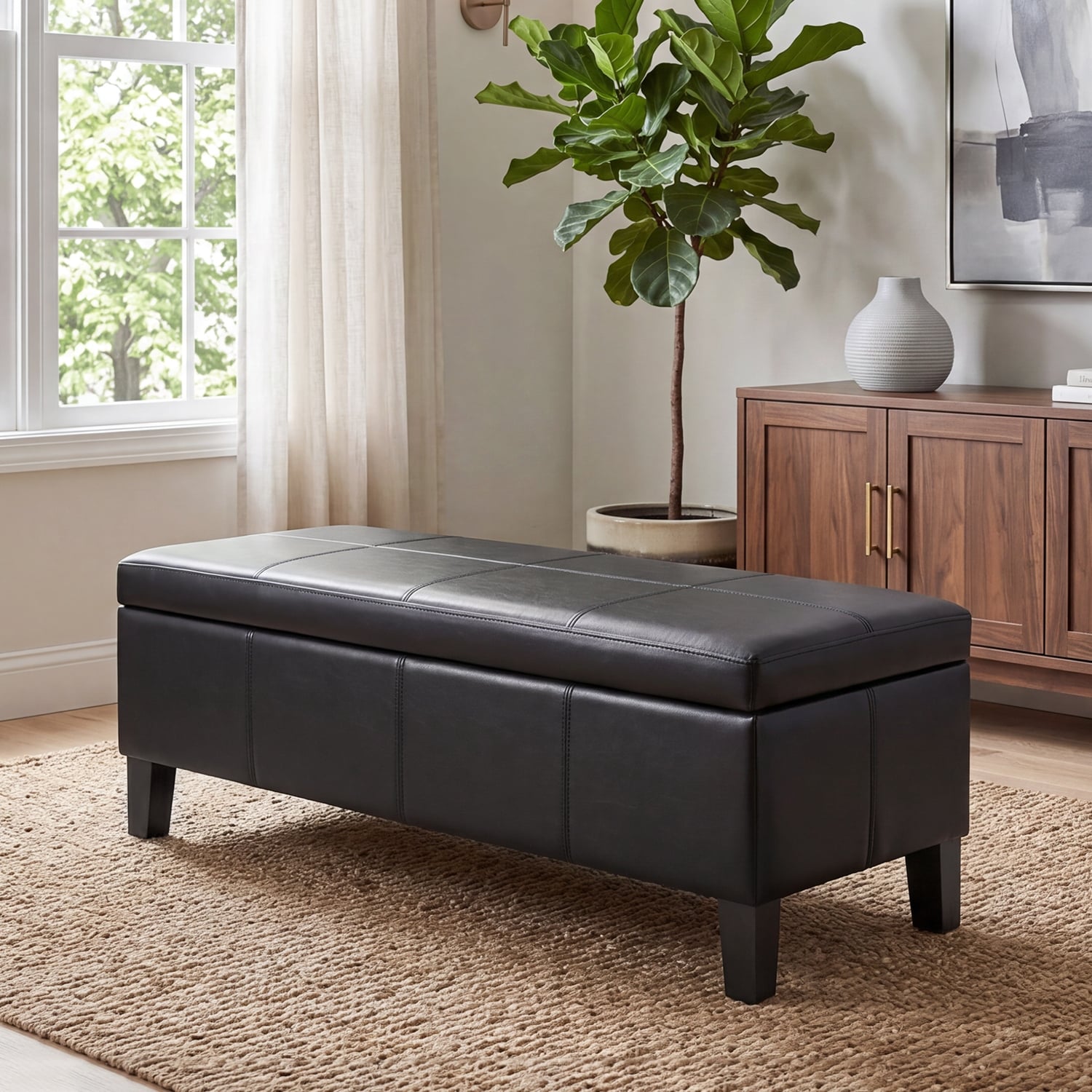 Adeco 41" Wide Faux Leather Upholstered Storage Ottoman Bench