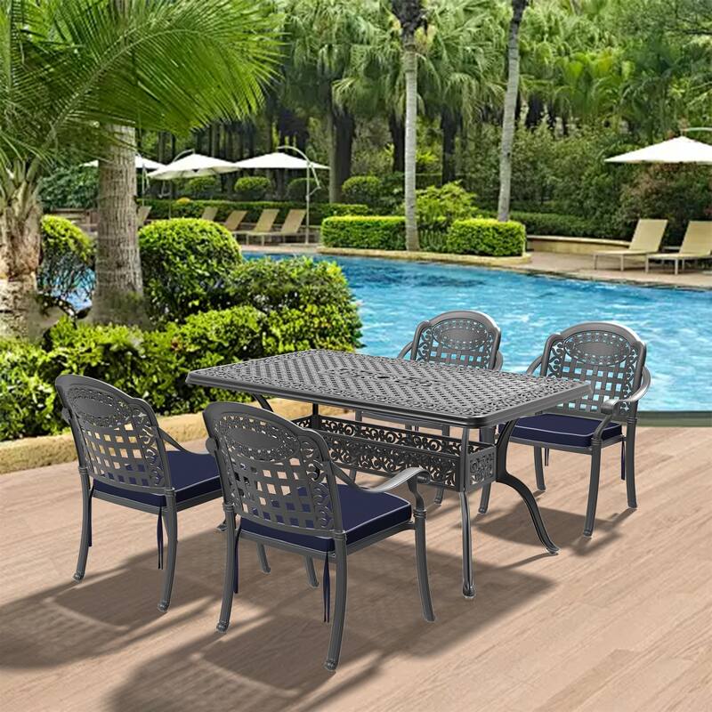 5/7-Piece Cast Aluminum Outdoor Dining Set with 59.06'' L X 35.43'' W Rectangular Table and Random Color Seat Cushions - Black(5-Piece Sets-B)