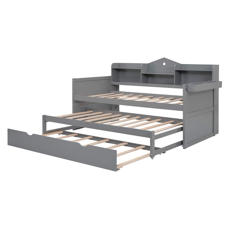 Twin XL Wooden Daybed with 2 Twin Trundles and Storage Shelf, Daybed