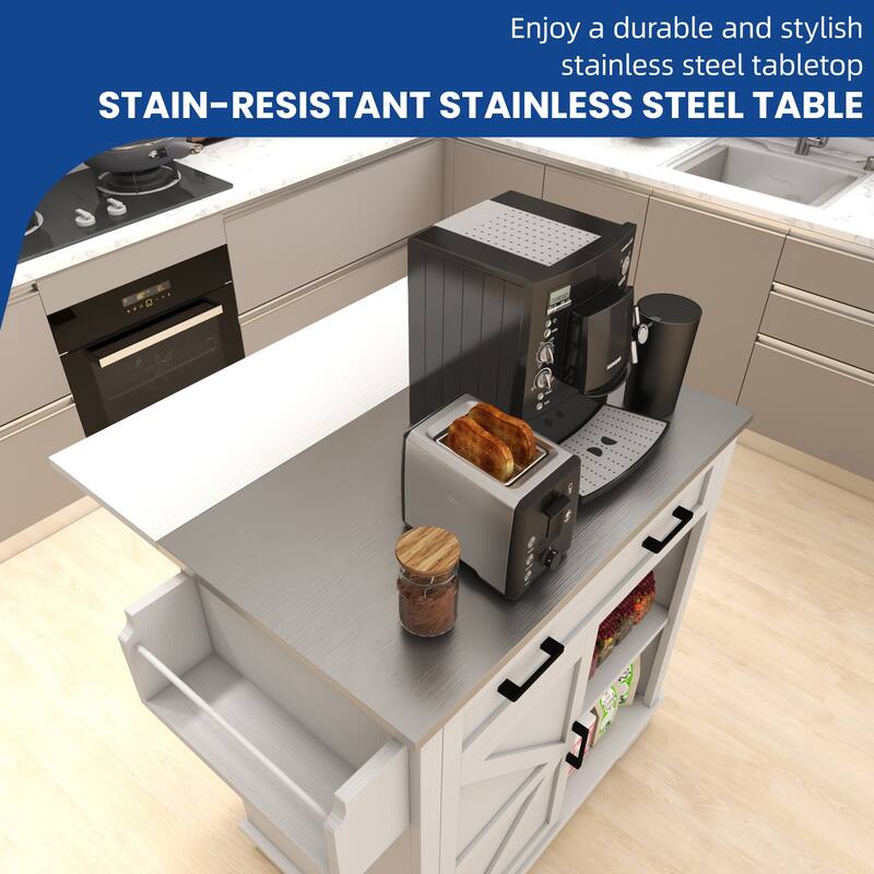 Moasis 42" Kitchen Island on Wheels with Stainless Steel Top & Drop Leaf