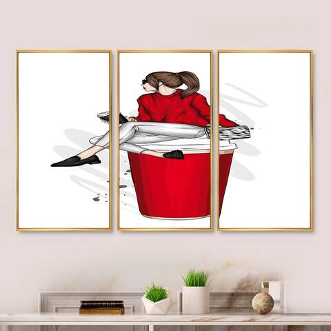 Designart 'Girl With Red Sweater On A Red Coffee Cup' Modern Framed Artwork Set of 3 - 4 Colors of Frames
