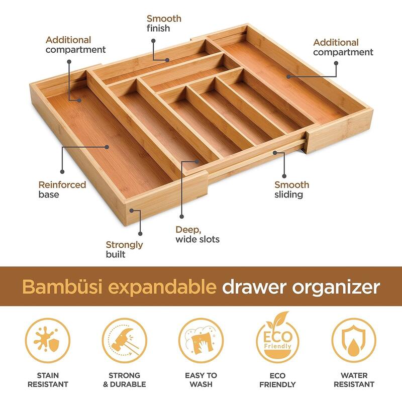 Expandable Silverware Organizer - Bamboo Kitchen Drawer Organizer, Utensil Holder - Drawer Organization and Storage