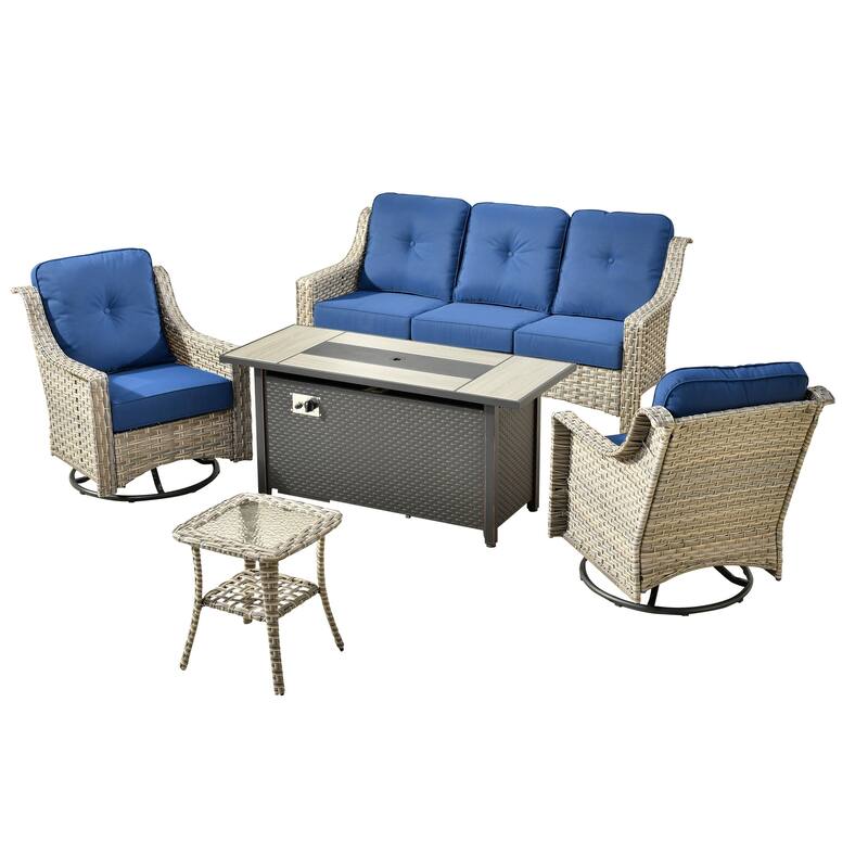 HOOOWOOO 5-piece Rattan Outdoor Patio High Back Swivel Chair Set with 54"Fire Pit