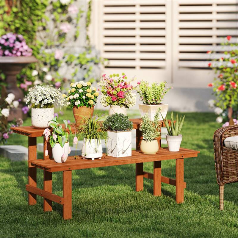 2-Tier Wooden Plant Rack Ladder Shelf with Slatted Shelves for Indoor and Outdoor Use - 23" x 22" x 48" (L x W x H)