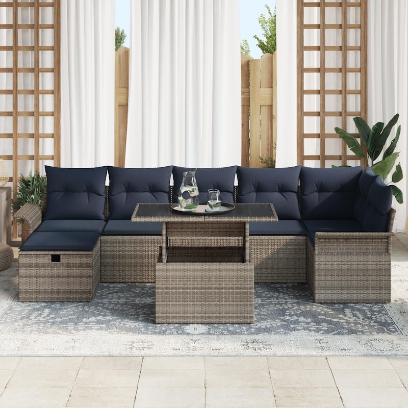 vidaXL 8 Garden Sofa Set with Cushions Black/Brown/Grey Poly Rattan - 117.1 x 52.2 x 27.2