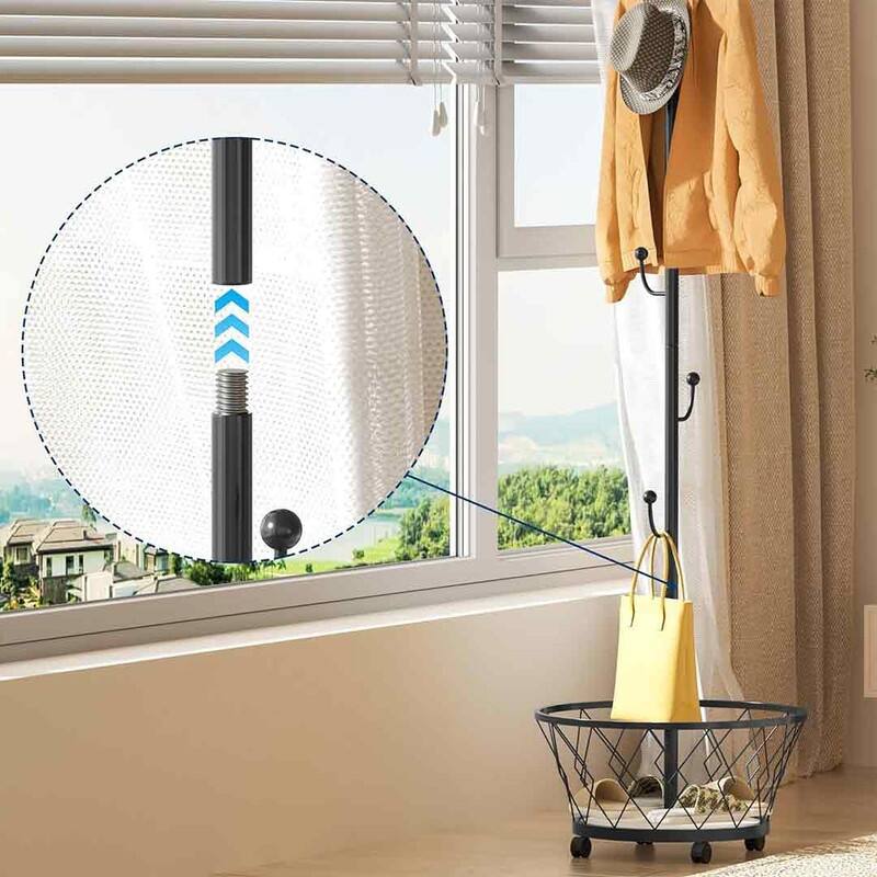 Coat Rack Freestanding with Storage Basket, Hall Tree With 6 Hooks and Mobile Wheel,Floor