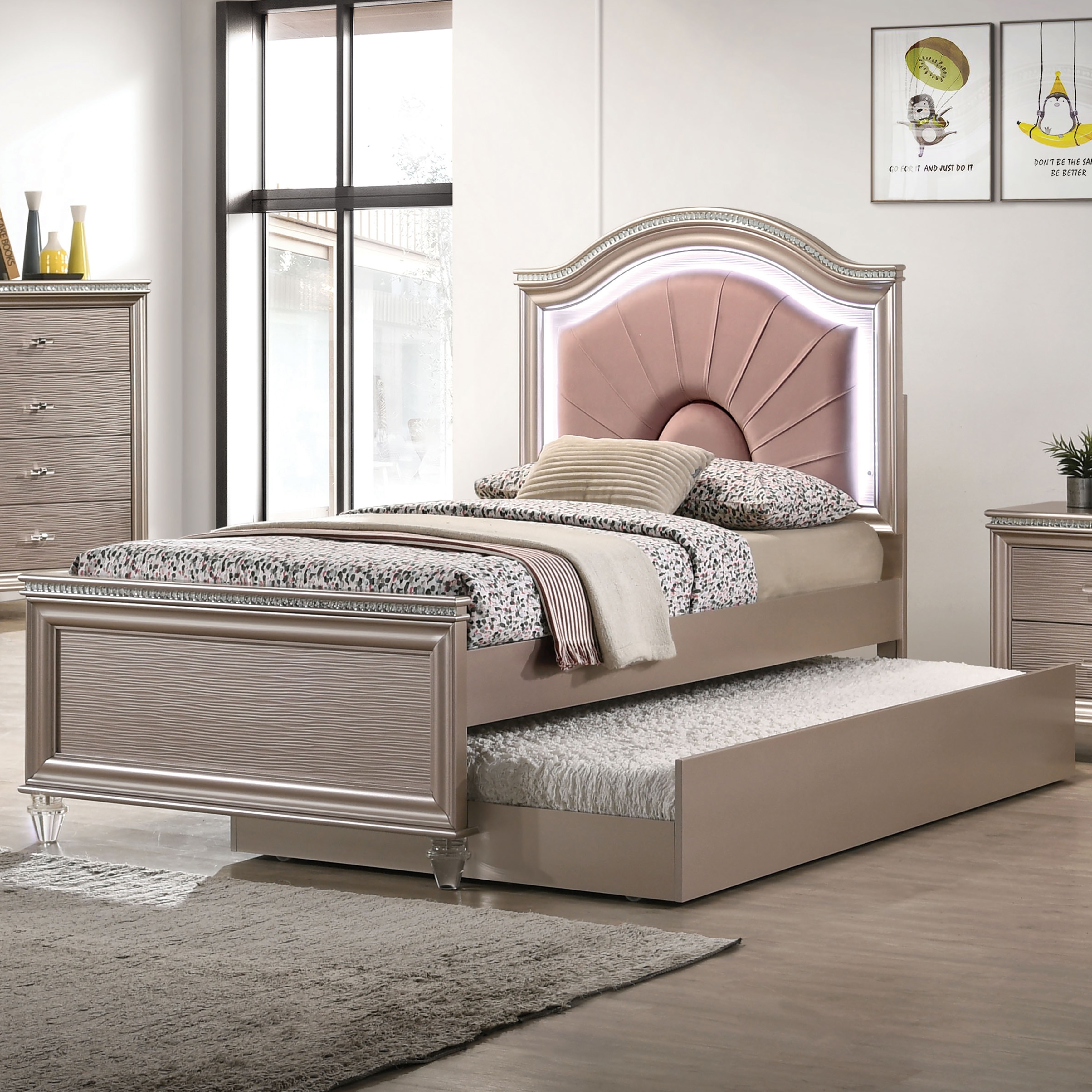 Furniture of America Ving Glam Wood LED Light Youth Panel Bed with Trundle