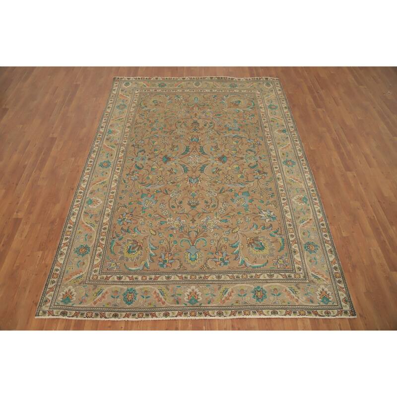 Hand Knotted Oriental 100% Wool Carpet Traditional Floral Brown Tabriz Area Rug - 9' 6'' X 6' 9''