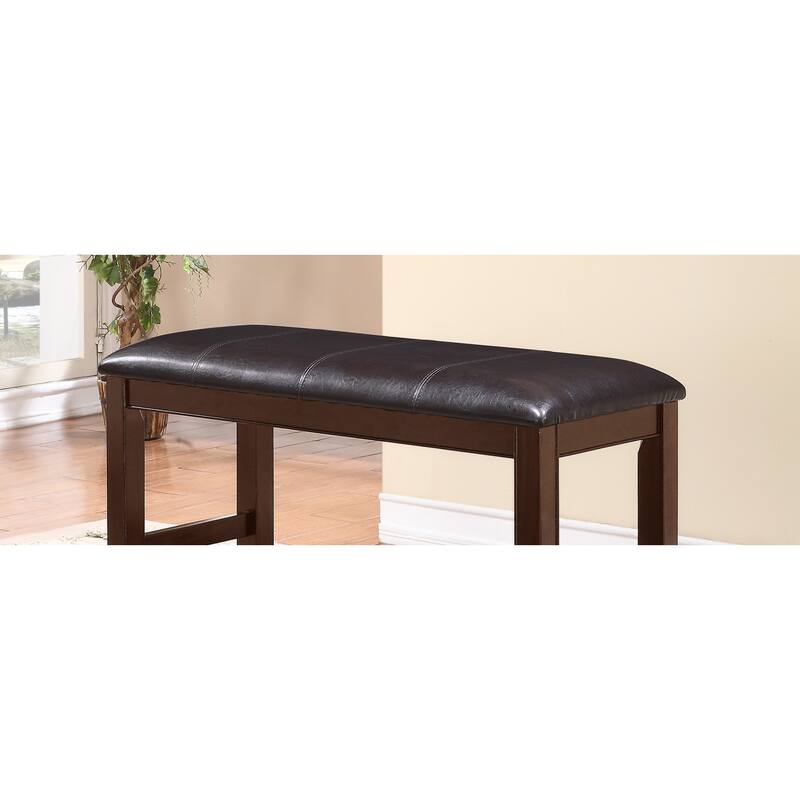 Farmhouse Style 1pc Brown Espresso Counter Height Bench Footrest Faux Leather Upholstered Seat Wooden Furniture