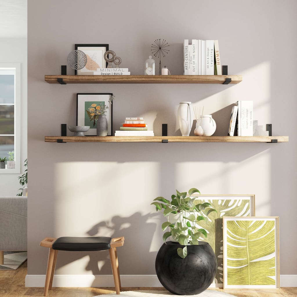 Wallniture Forte 60" or 72" Long, 11.25" Deep Floating Bookshelves, Farmhouse Shelves Living Room, 1.5" Thick, Wood, Burnt, 1 Pc