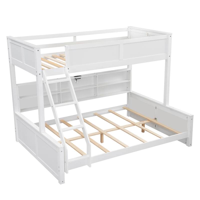 Twin XL over Queen Bunk Bed with Storage Cabinets and USB Ports, Antique White