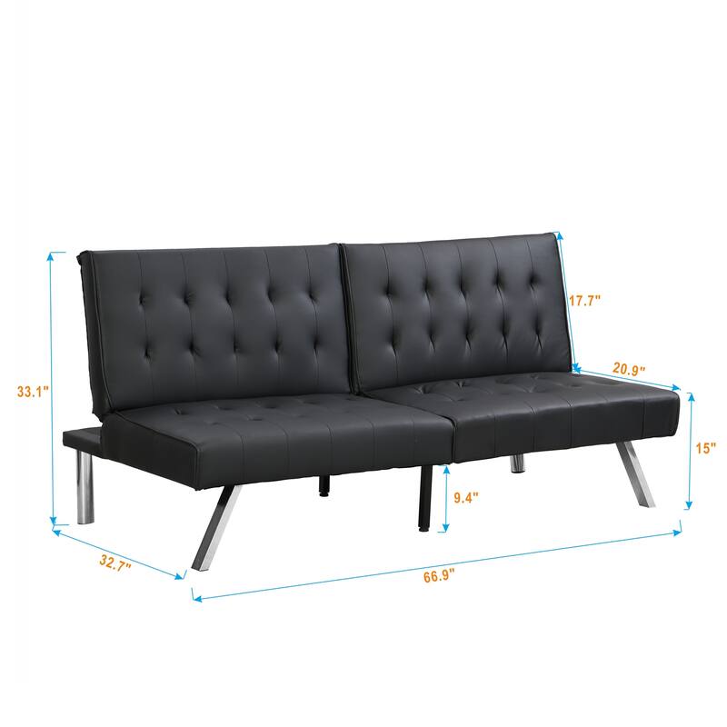 Black Leather Loveseat Sleeper Sofa Bed with Adjustable Backrest