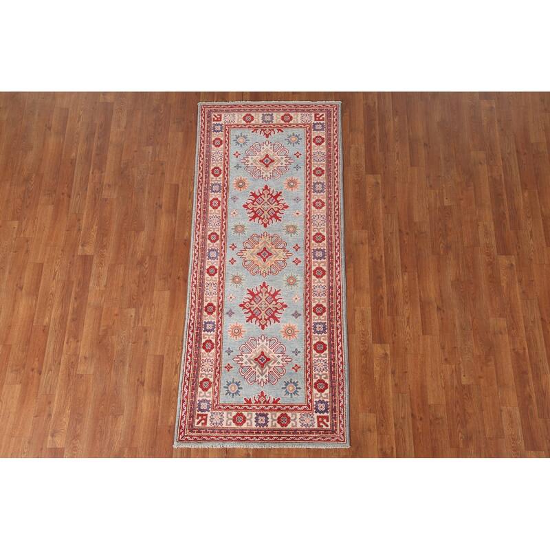 Light Blue Geometric Kazak Runner Rug Hand-Knotted Wool Carpet - 2'8" x 6'6"
