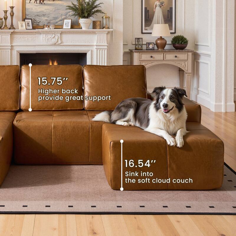 HOOOWOOO Mid-Century Modern Leather L-shaped Sectional Sofa Couch with Ottoman