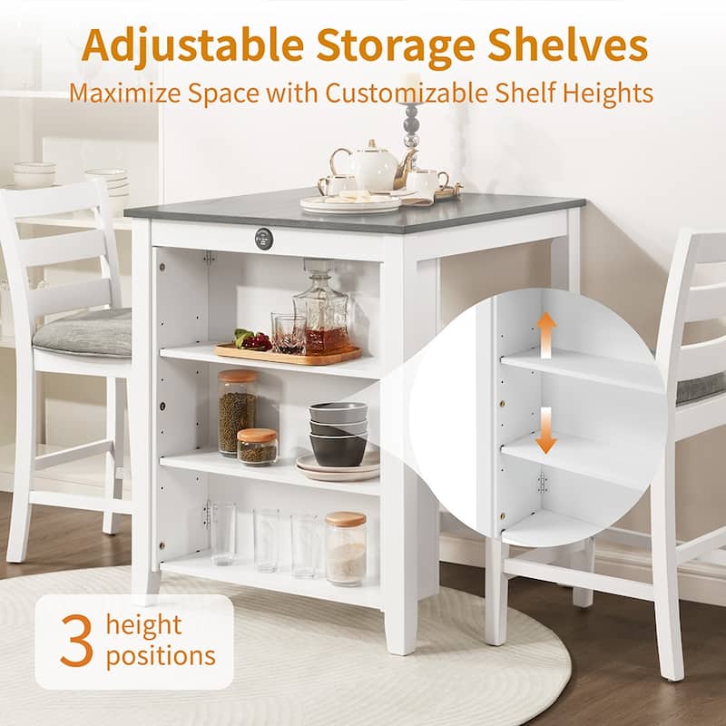 30" Modern Dining Table Set, 2-Seater Charging Station 3-Tier Storage