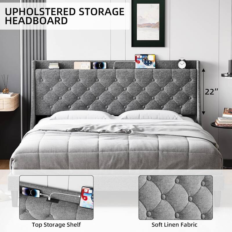Bed Frame with Upholstered Wingback Headboard