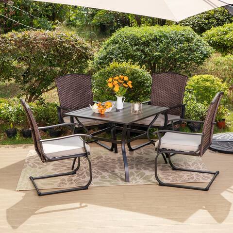 5-Piece Patio Dining Set, 4 Rattan Wicker C Spring Rocking Chairs with Cushion, and 1 Table with 1.57'' Umbrella Hole