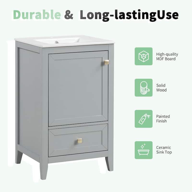 20" Freestanding Bathroom Vanity with Sink, Cabinet, Drawer & Two-Tier Storage Rack, White Finish