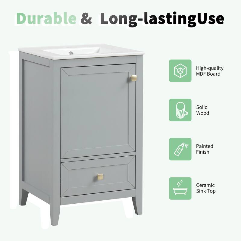 Compact 20" Bathroom Vanity with Sink, Soft Closing Door, Storage Rack & Drawer, Modern MDF Cabinet