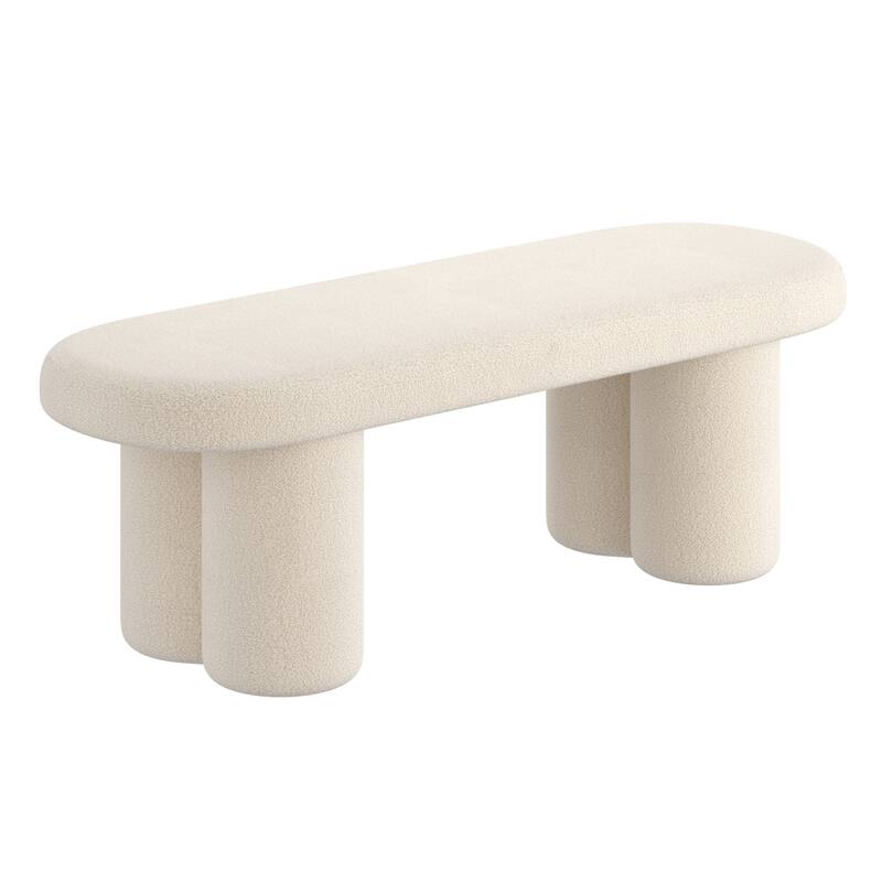 Modern Boucle Fabric Oval Bench - Warm Grey - Cream