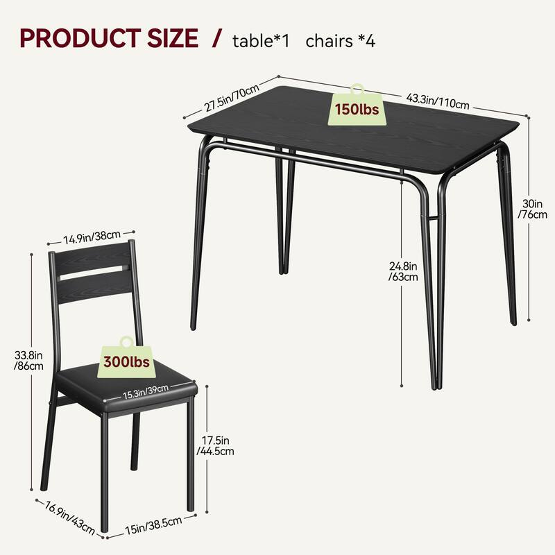 Dining Table for 4, Small Table and Chairs Set of 5, Dinette Set for 4, 5 Piece Kitchen & Dining Room Sets - 43.3x27.5x30in